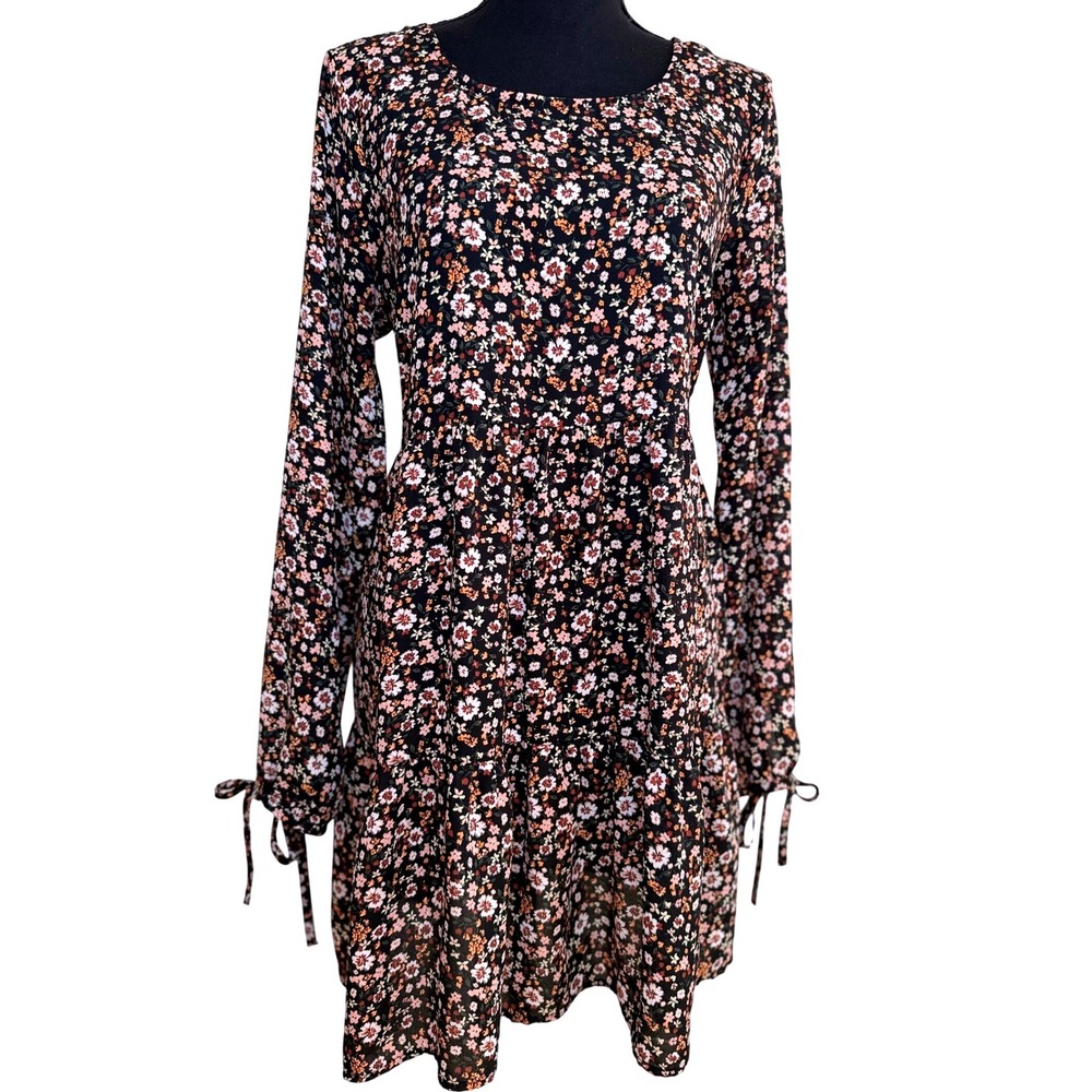 Cottagecore Ditsy Floral Mini Dress Medium Black Tiered Long Sleeve Tie Cuff